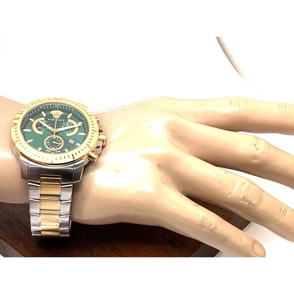Versace Men's Watch VE2E00421 Swiss Quartz Chronograph Green Dial Two Tone Steel - Picture 5 of 15